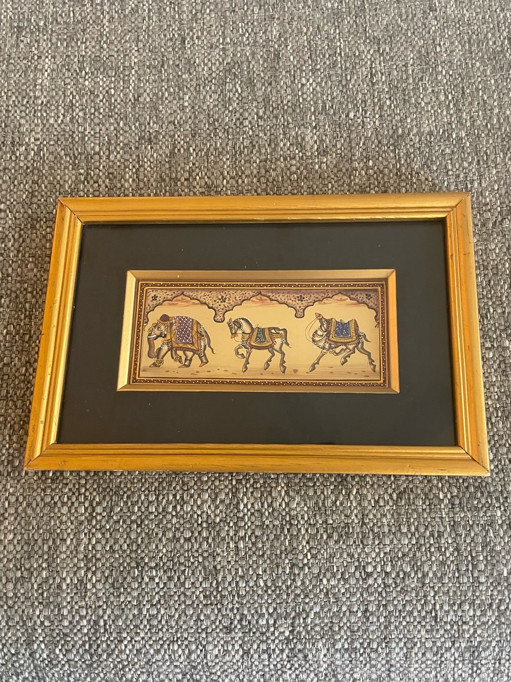 Rajasthani miniature painting on silk matted and framed- Elephant, Horse, Camel